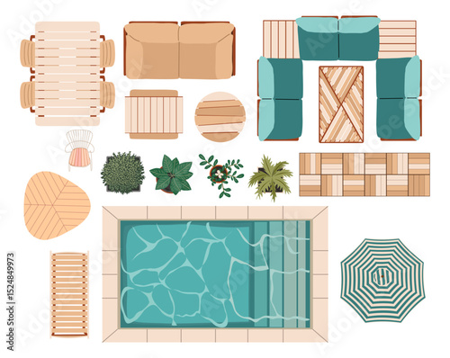 Top view vector set of furniture icons for landscape , interior design, sunbed, chairs, umbrella, sofa, lounger, table, plants, terrace, pool, patio, garden, porch. Isolated on transparent background