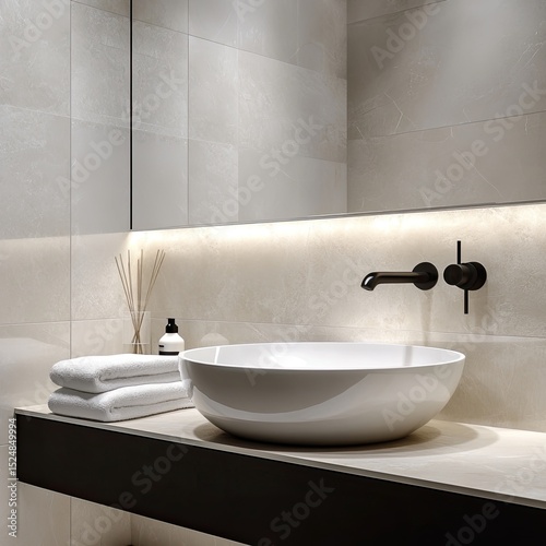 Modern minimalist bathroom with sleek sink, neutral tones, and subtle lighting