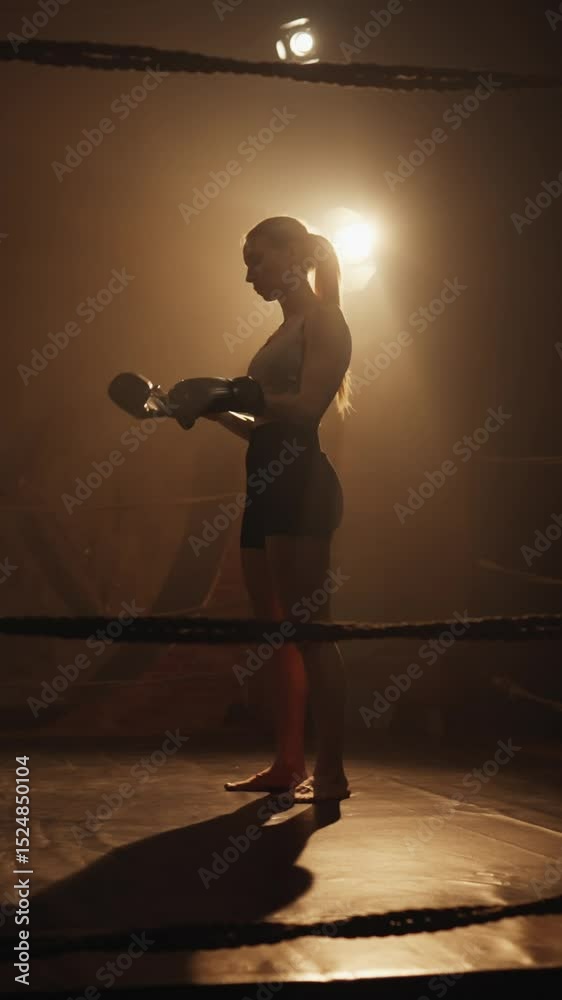 Woman power, silhouette of slender lady in boxing ring, training with punch bag. Active lifestyle and sport for stay healthy, slender and beautiful, athletic lady practicing arms punch, self-defense