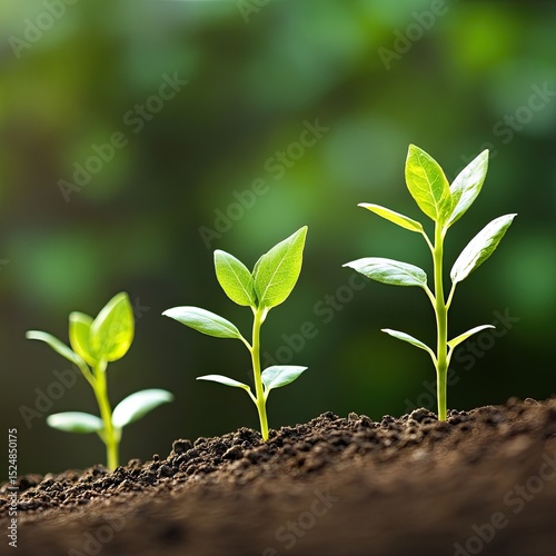 Three saplings of varying heights in rich soil, showcasing growth stages against a blurred green background