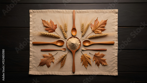 Rustic Autumn Flat Lay with Wooden Spoons, Wheat, Flour, and Leaves on Fabric Placemat

 photo