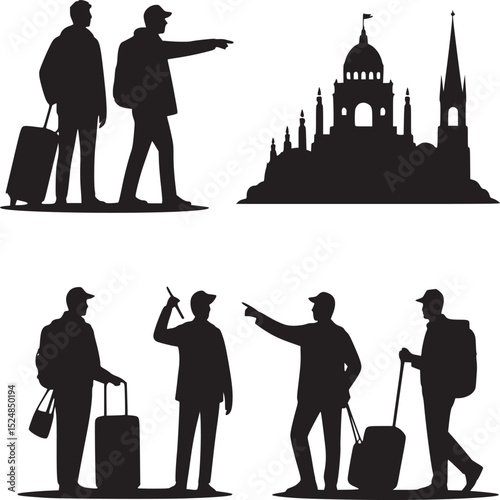 Silhouettes of travelers with luggage pointing towards a building on a white background art
