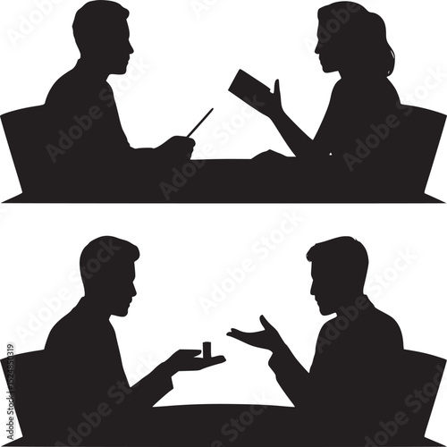 Silhouette illustrations of business meetings and presentations on a white background design style