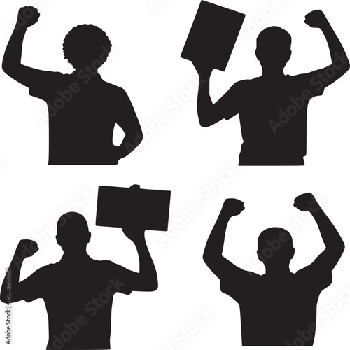 Four silhouettes of people raising fists and holding signs in a show of support and protest action