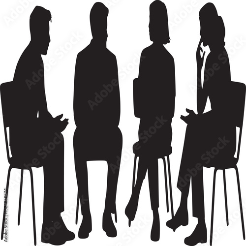 Silhouette of four people sitting in chairs facing each other in a group therapy session setting