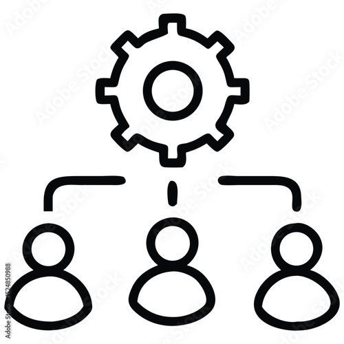 Team Collaboration Gear Connected to Three People Icons, Outlined for Interface Design