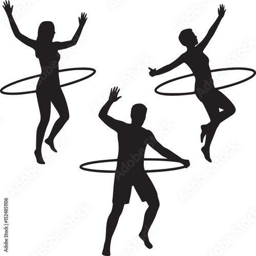 Three silhouettes of people using hula hoops with their arms raised on a white background image