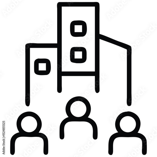 Team Connected to Building Outline Icon Symbolizing Community Engagement and Real Estate Investment