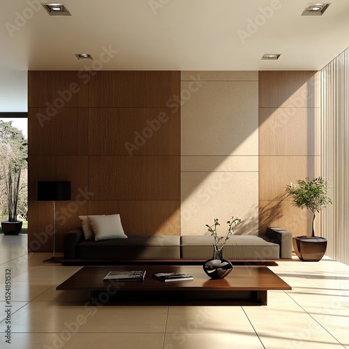 Sunlit minimalist living room with wood paneling, low seating, and a coffee table