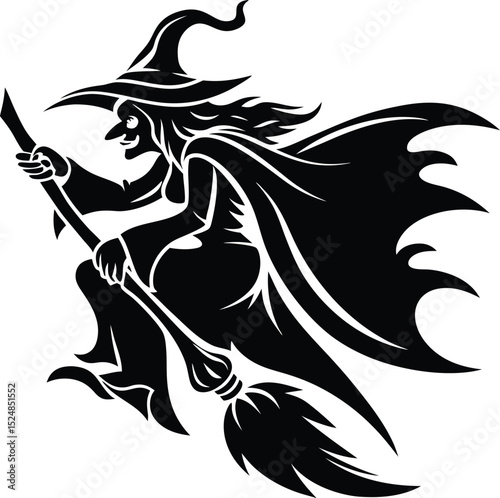 Silhouetted Halloween Witch Flying on a Broomstick with a Dramatic Cloak Design