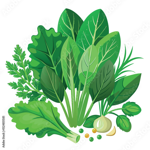 Fresh Green Vegetables and Herbs Spinach, Parsley, Lettuce, Rosemary and Garlic