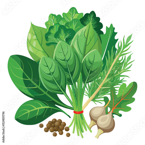 Fresh Herbs and Vegetables Still Life Featuring Spinach, Garlic, Chives, and Greens