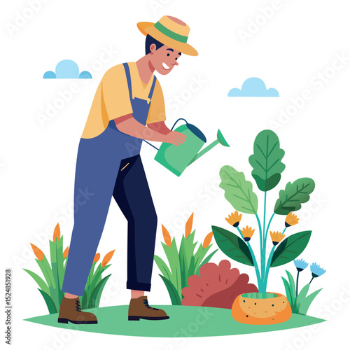 Gardener Watering Flowers Cartoon Illustration of a Man with Plants and Watering Can