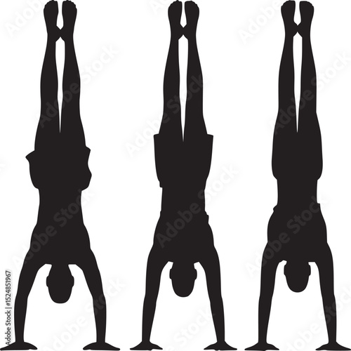 Three silhouettes of people doing handstands with legs straight up against a white background image