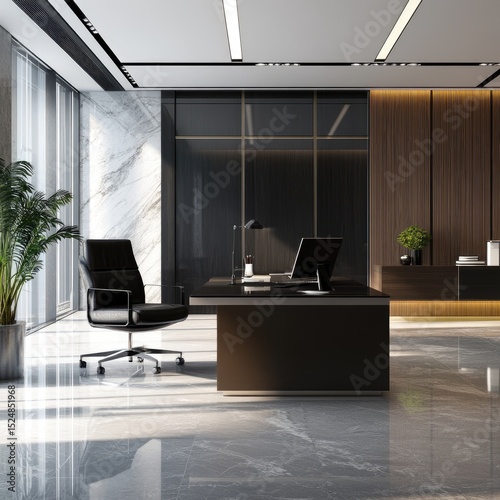 Modern office interior with sleek desk, chair, and natural light