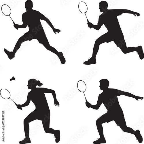 Four badminton players in silhouette with rackets and shuttlecock on a white background image design
