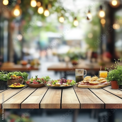 A wooden table displays various delicious meals and drinks in a bright, outdoor cafe setting