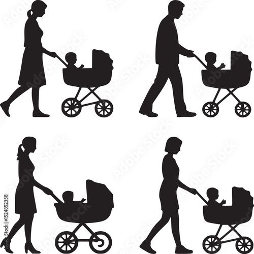 Silhouettes of parents walking with babies in strollers in a repeating pattern on white background