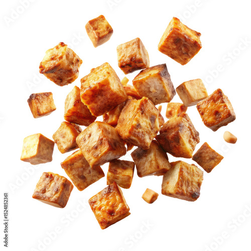 roasted chicken cubes flying in air