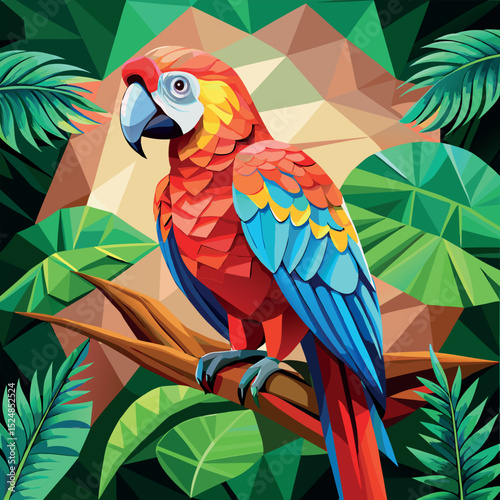 Geometric Scarlet Macaw on Branch Amidst Lush Green Tropical Foliage Artwork