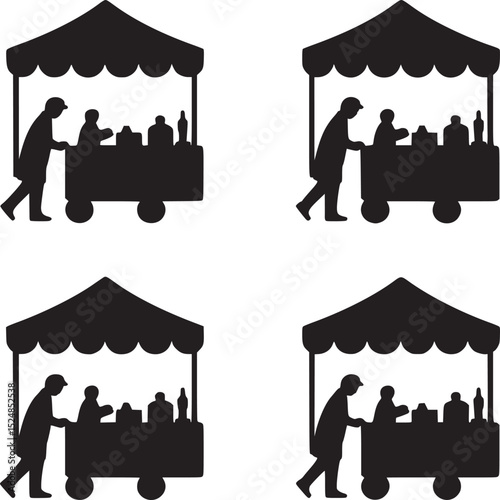 Four panel illustration of a black silhouette of a market stall with people and goods on display