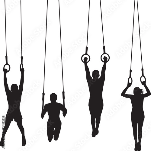 Silhouette of four people using gymnastic rings against a white background in a fitness setting
