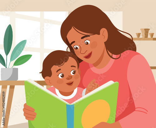 Mother and Child Sharing a Book A heartwarming illustration of early childhood literacy