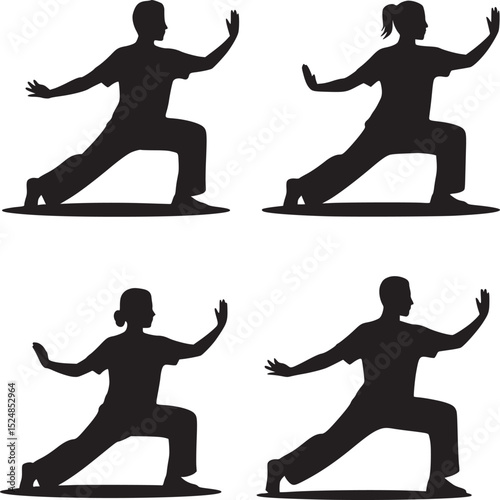 Four silhouettes of people in tai chi poses against a white background in a square format art