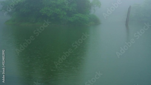 Summer lake where fog and rain falls