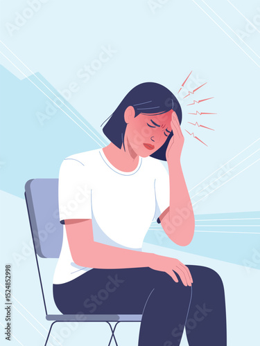 Woman Experiencing Severe Headache Flat Vector Illustration