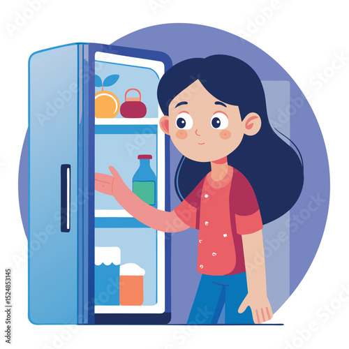 Girl Reaching into Open Blue Refrigerator with Visible Orange, Bottle, and Jar
