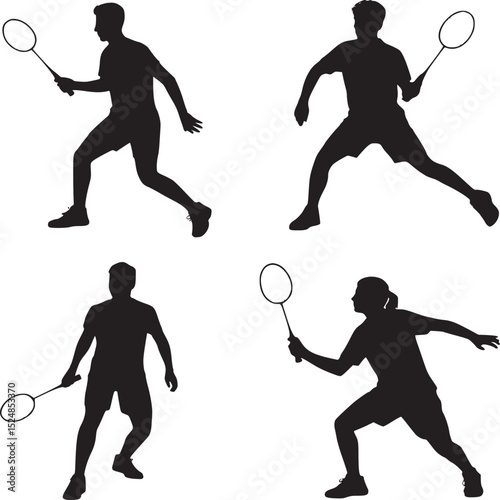 Four badminton player silhouettes in action poses against a white background illustration art