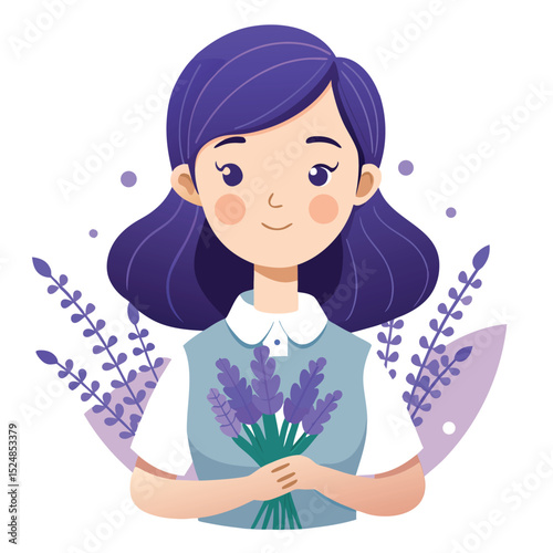 Girl with Lavender Bouquet Illustration in Soft Tones, Cartoon Aesthetic, Fashionable and Cute