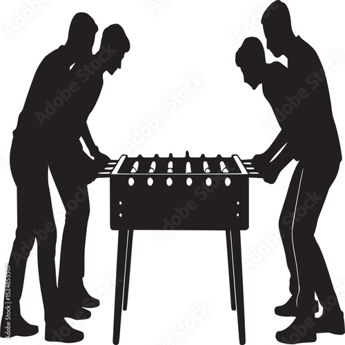 Silhouette of four people playing foosball on a white background in a black and white illustration