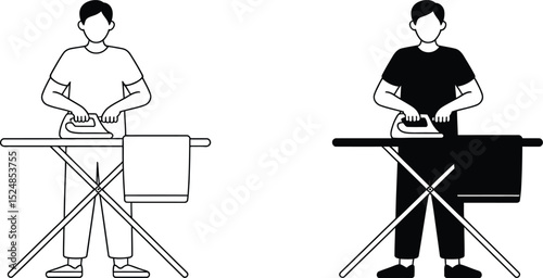 Man ironing clothes on ironing board black and white minimalistic design