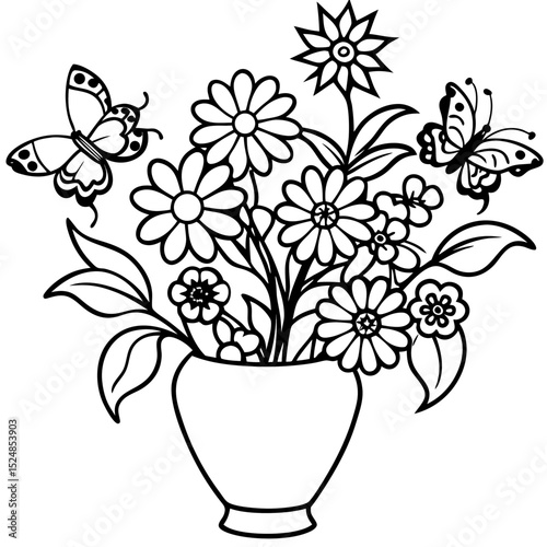 Flowers vase & butterfly coloring page vector design for kids