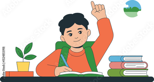 Boy in school raising hand and writing in book illustration