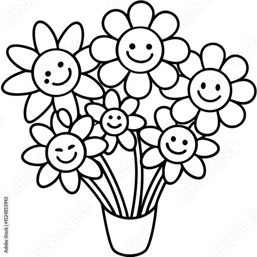 "Smiling Flowers Coloring Page – Cute Floral Vector Illustration for Kids and Spring Crafts"