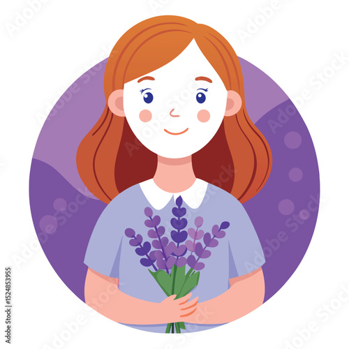 Girl with Red Hair Holding Purple Lavender Flowers in a Circular Frame