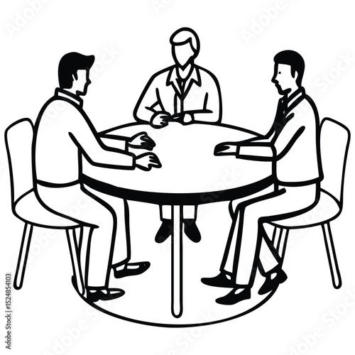 Three Men Meeting at a Round Table, Business Discussion Outline Illustration