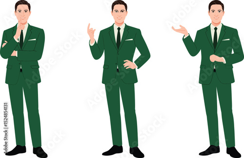 Man in green suit posing different actions business presentation elegant professional