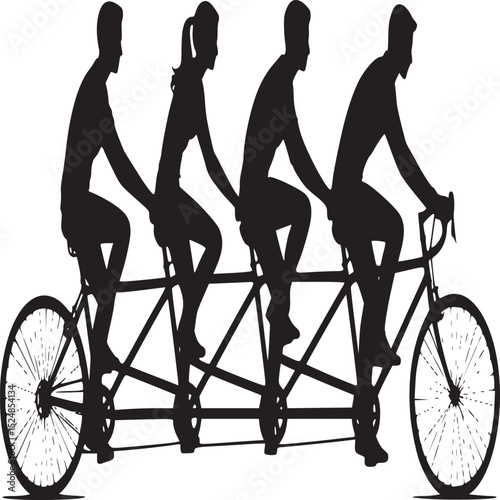 Silhouette of four people riding a tandem bicycle in a minimalist monochrome illustration art style