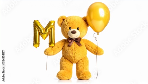 Cute yellow teddy bear with balloon letter M. Baby name reveal after child birth. Stuffed animal isolated on white background