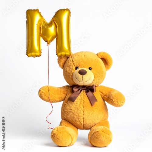 Cute yellow teddy bear with balloon letter M. Baby name reveal after child birth. Stuffed animal isolated on white background