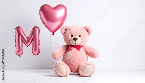 Cute pink teddy bear with balloon letter M. Baby name reveal after child birth. Stuffed animal isolated on white background