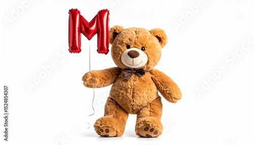 Cute brown teddy bear with balloon letter M. Baby name reveal after child birth. Stuffed animal isolated on white background
