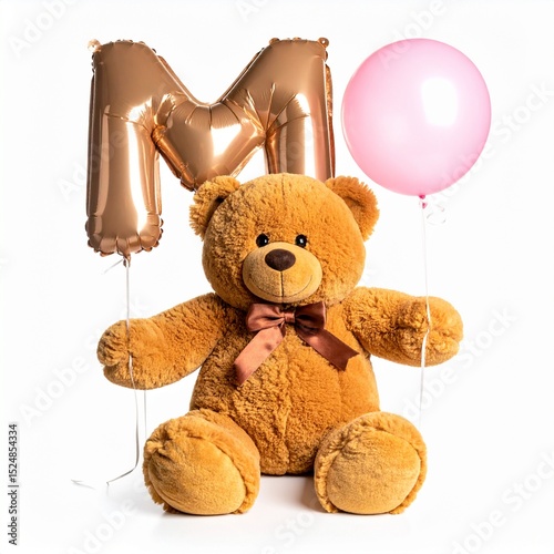 Cute brown teddy bear with balloon letter M. Baby name reveal after child birth. Stuffed animal isolated on white background