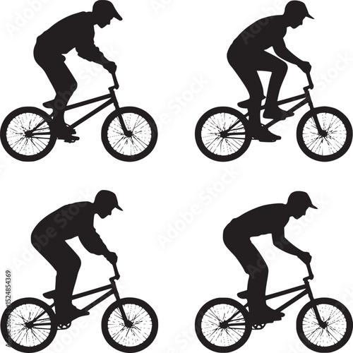 Four silhouettes of a person riding a bmx bike against a white background in a repeating pattern