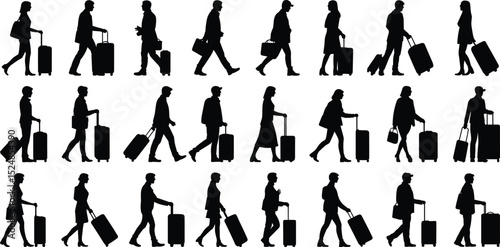 Silhouettes of travelers with suitcases, walking airport people, business and vacation journey figures, luggage travel vector, tourism concept illustration
