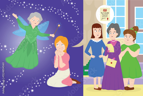 Fairy tale part 3 poor good girl tells the fairy godmother about her sadness at not being allowed to attend the party at the royal palace